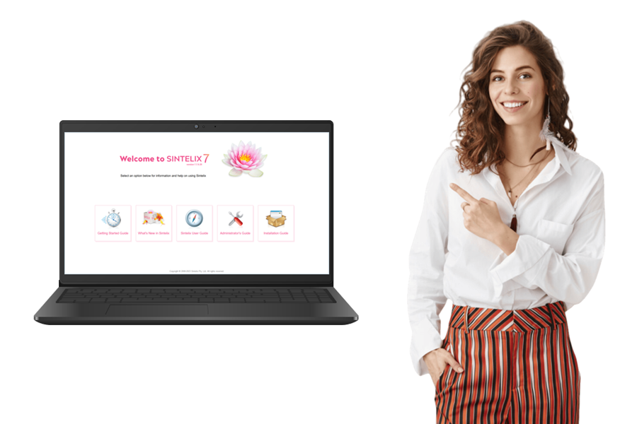 Woman pointing at laptop showing Sintelix